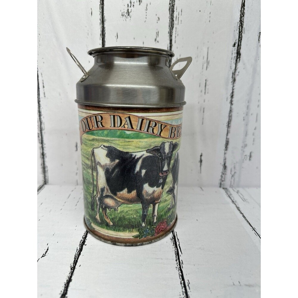 Vintage "Our Dairy Best" Milk Can Collectible Tin w/Lid - Cows In Pasture ✔